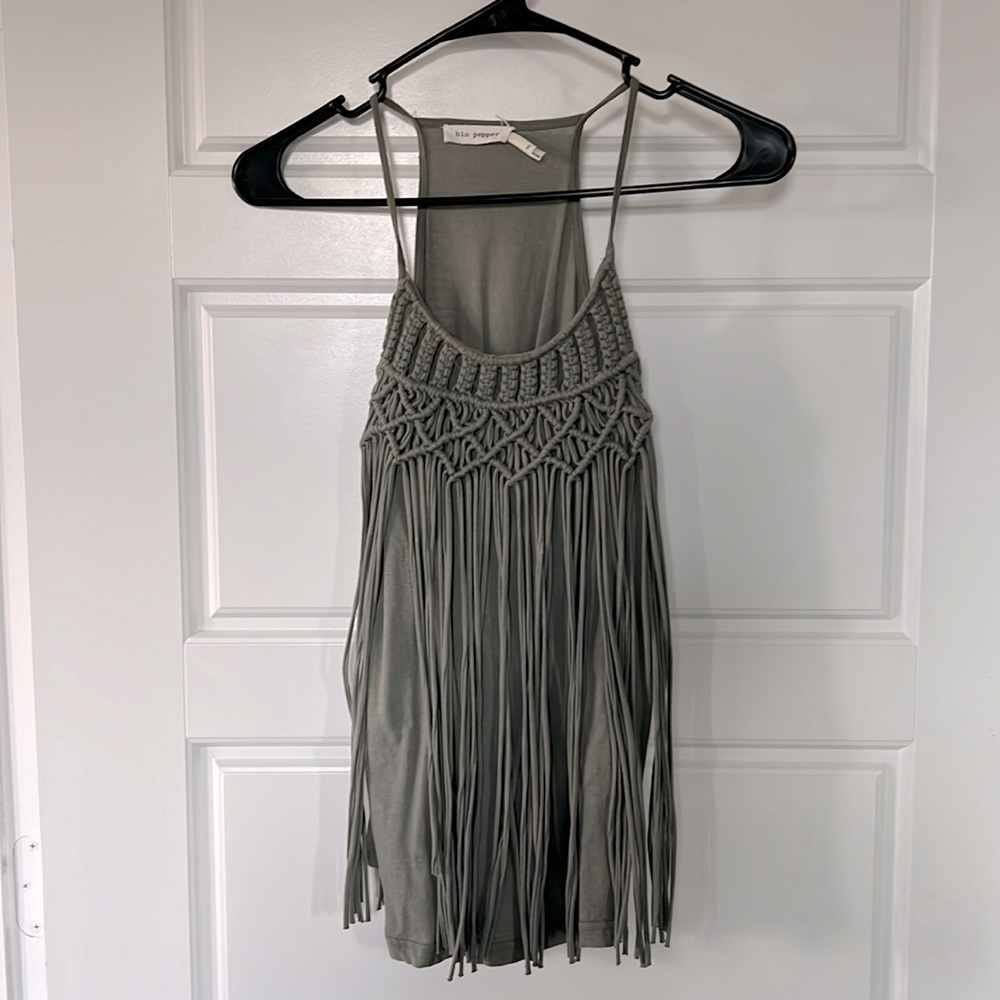 Blu Pepper Sage Green Fringe Tank Top size Small